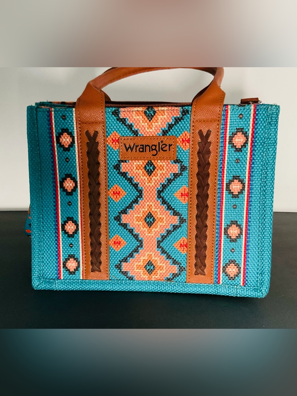 Wrangler Turquoise Peach Southwestern Aztec Canvas Tote Bag Western Boho